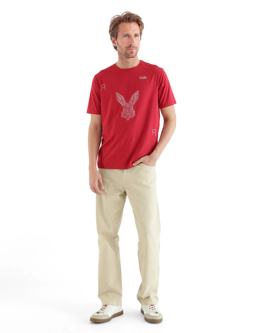 Rare Rabbit Men's Zylo Red Cotton Blend Graphic Print Regular Fit Half Sleeve Crew Neck T-Shirt