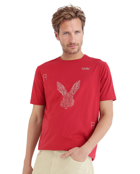 Rare Rabbit Men's Zylo Red Cotton Blend Graphic Print Regular Fit Half Sleeve Crew Neck T-Shirt