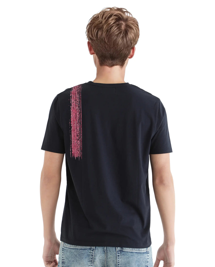 Rare Rabbit Men's Zyra Navy Cotton Blend Abstract Print Regular Fit Half Sleeve Crew Neck T-Shirt