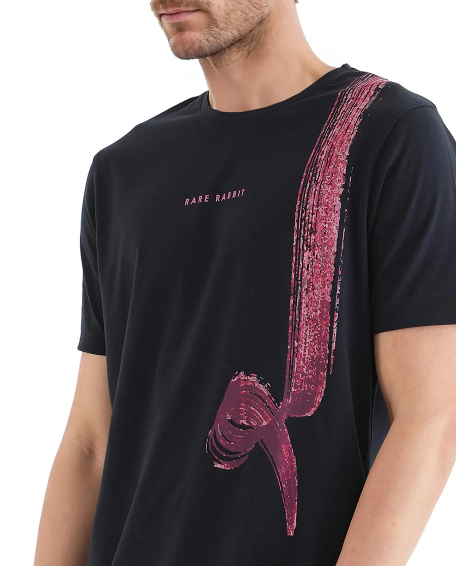 Rare Rabbit Men's Zyra Navy Cotton Blend Abstract Print Regular Fit Half Sleeve Crew Neck T-Shirt