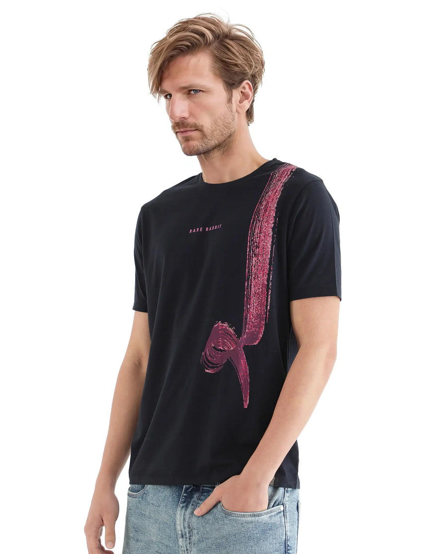 Rare Rabbit Men's Zyra Navy Cotton Blend Abstract Print Regular Fit Half Sleeve Crew Neck T-Shirt