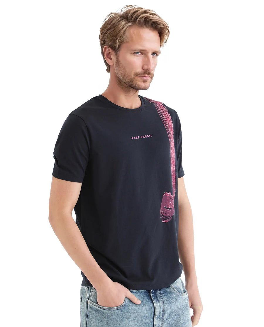 Rare Rabbit Men's Zyra Navy Cotton Blend Abstract Print Regular Fit Half Sleeve Crew Neck T-Shirt
