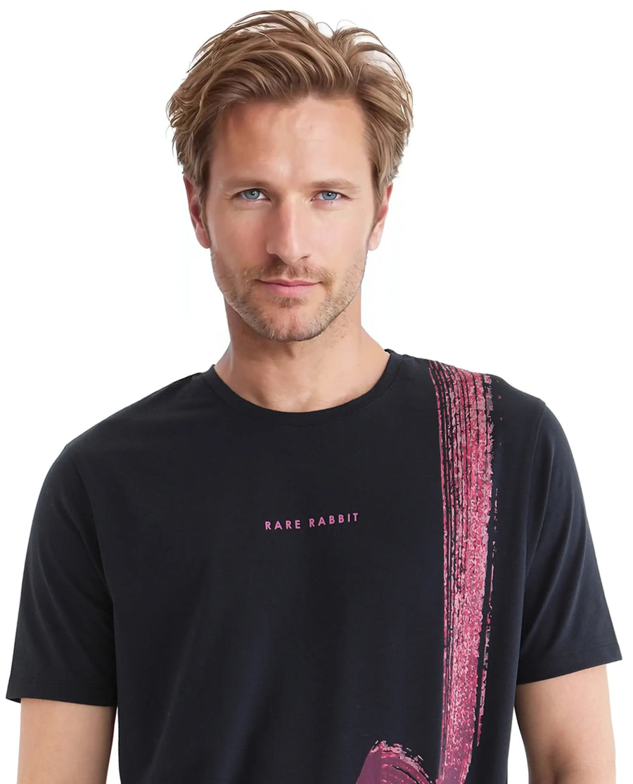 Rare Rabbit Men's Zyra Navy Cotton Blend Abstract Print Regular Fit Half Sleeve Crew Neck T-Shirt