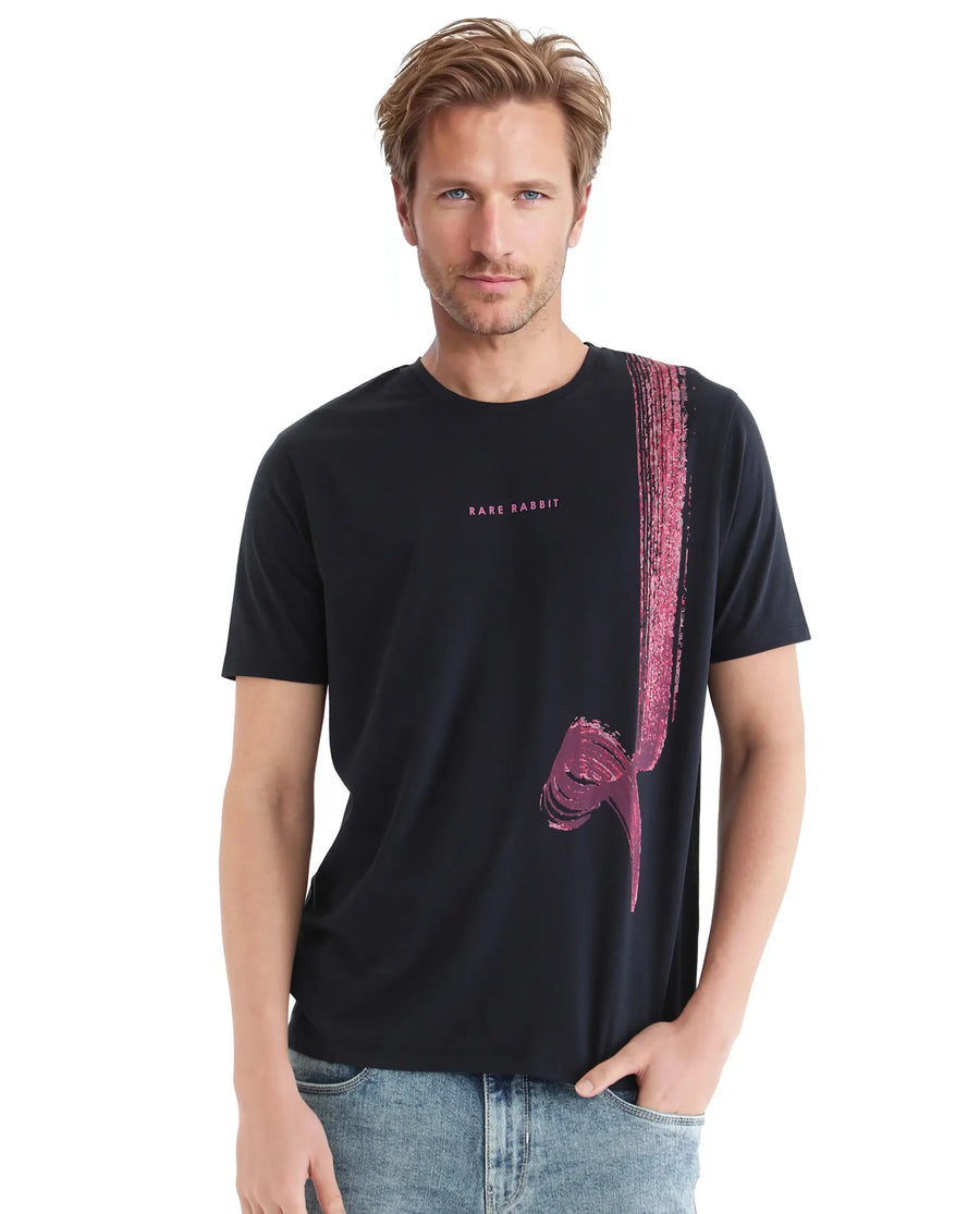 Rare Rabbit Men's Zyra Navy Cotton Blend Abstract Print Regular Fit Half Sleeve Crew Neck T-Shirt