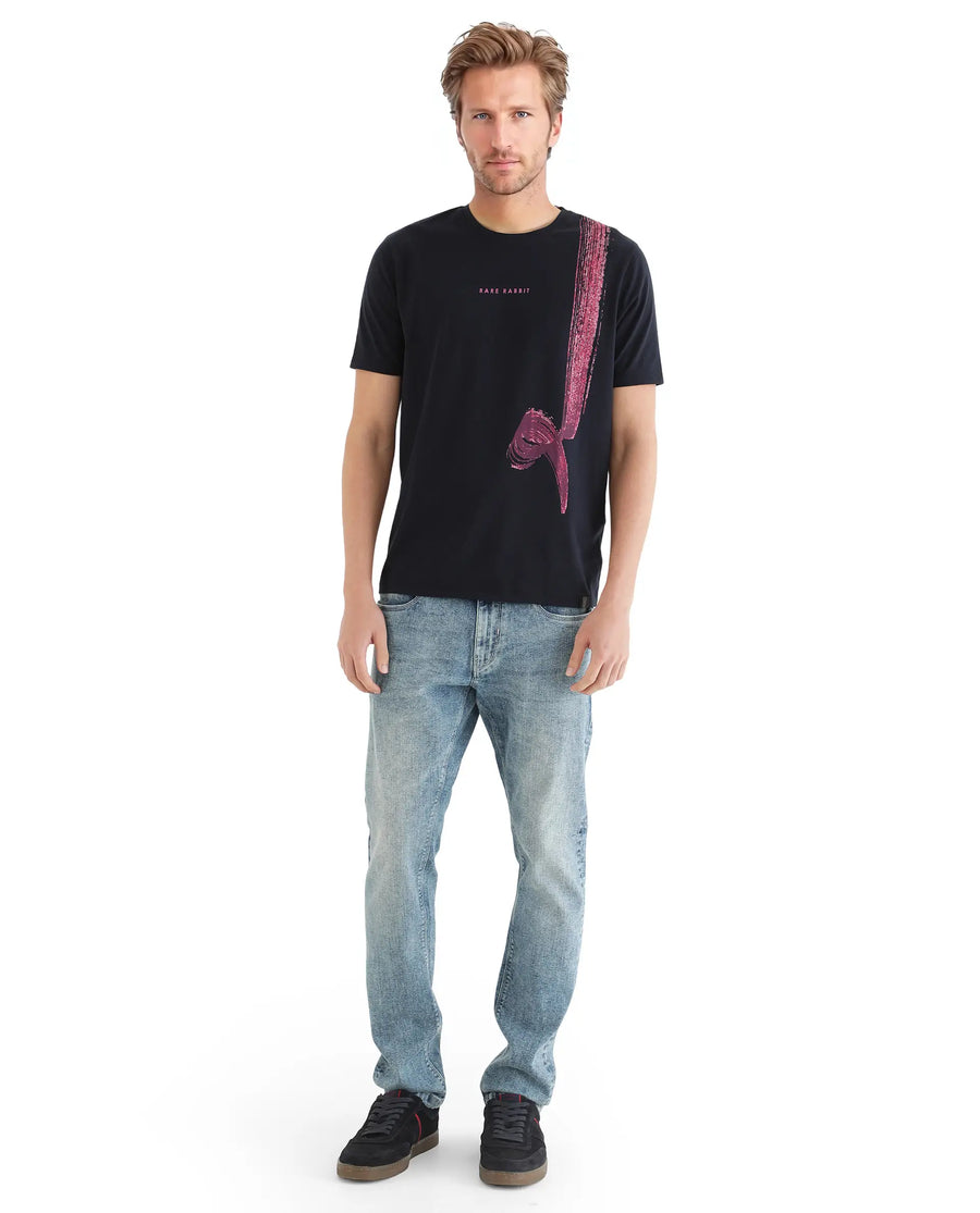 Rare Rabbit Men's Zyra Navy Cotton Blend Abstract Print Regular Fit Half Sleeve Crew Neck T-Shirt