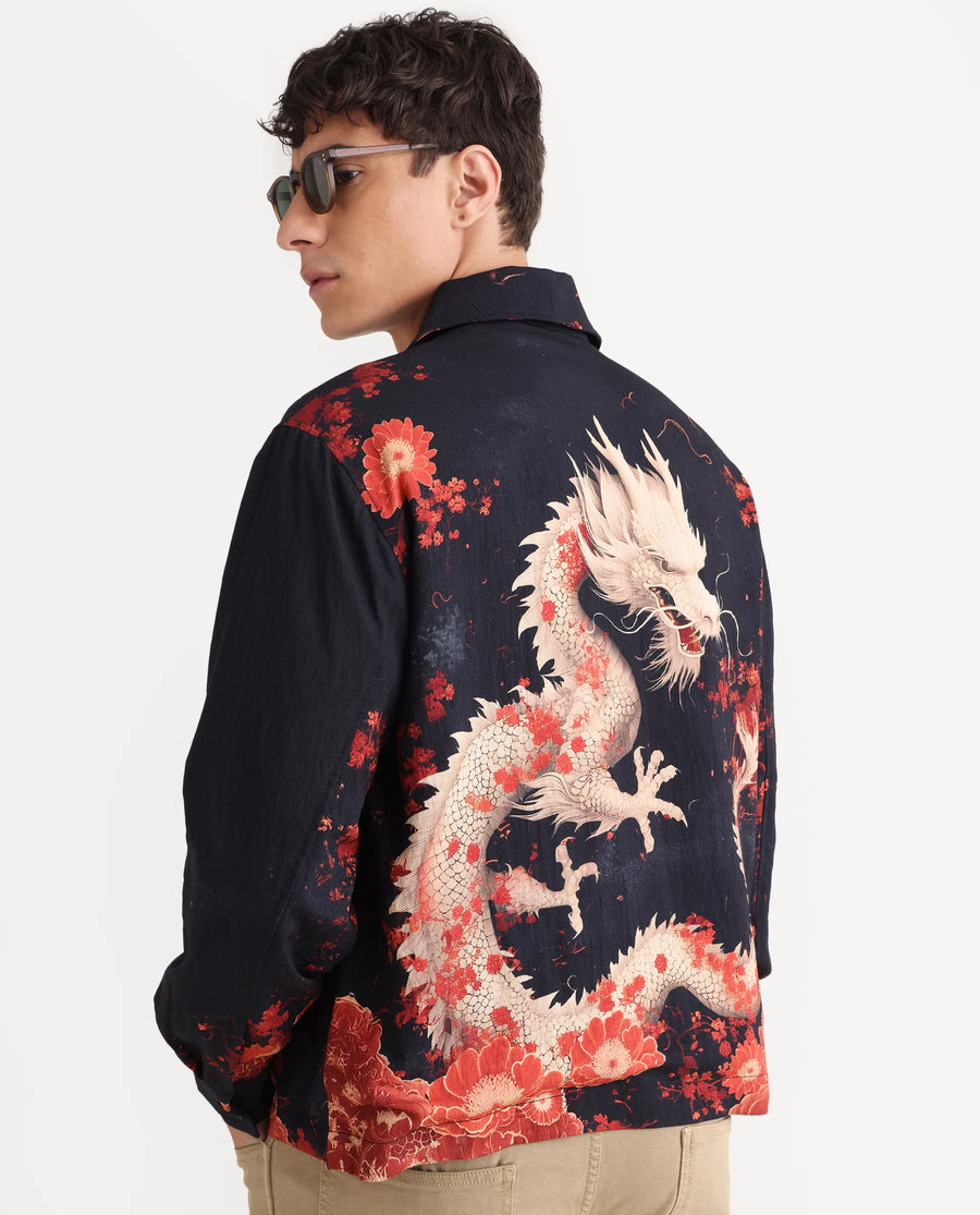 Rare Rabbit Men's Zyra Navy Viscose Blend Fabric Spread Collar Regular Fit Printed Jacket