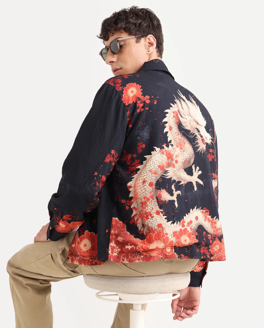 Rare Rabbit Men's Zyra Navy Viscose Blend Fabric Spread Collar Regular Fit Printed Jacket