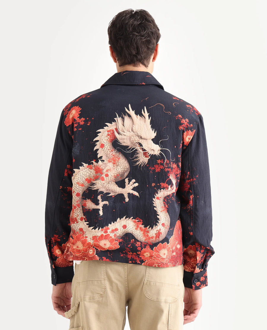 Rare Rabbit Men's Zyra Navy Viscose Blend Fabric Spread Collar Regular Fit Printed Jacket