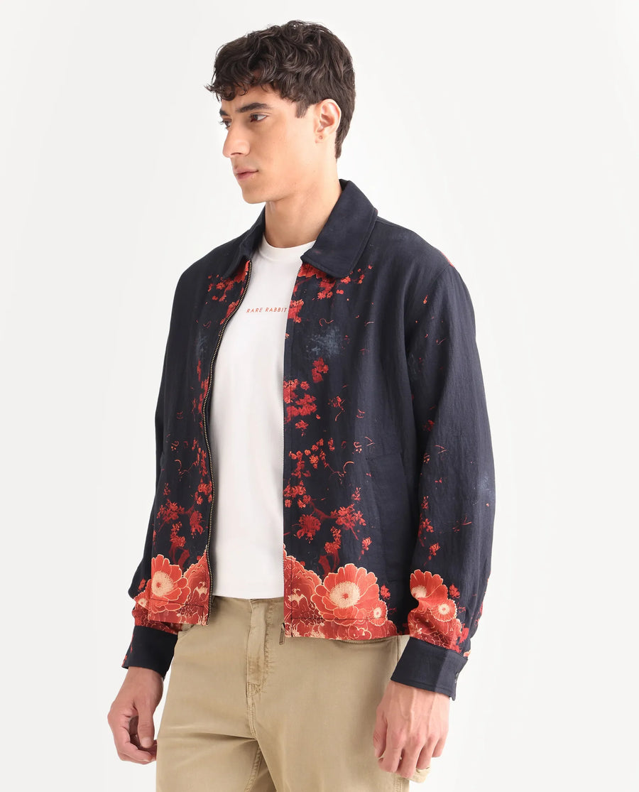 Rare Rabbit Men's Zyra Navy Viscose Blend Fabric Spread Collar Regular Fit Printed Jacket