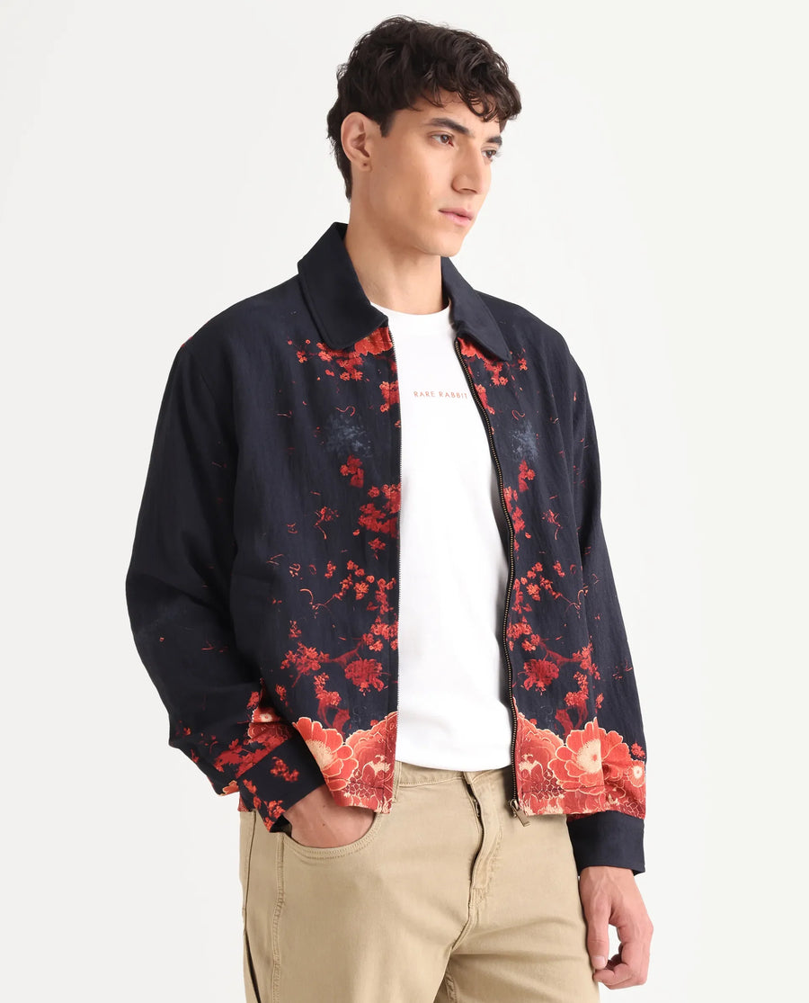 Rare Rabbit Men's Zyra Navy Viscose Blend Fabric Spread Collar Regular Fit Printed Jacket