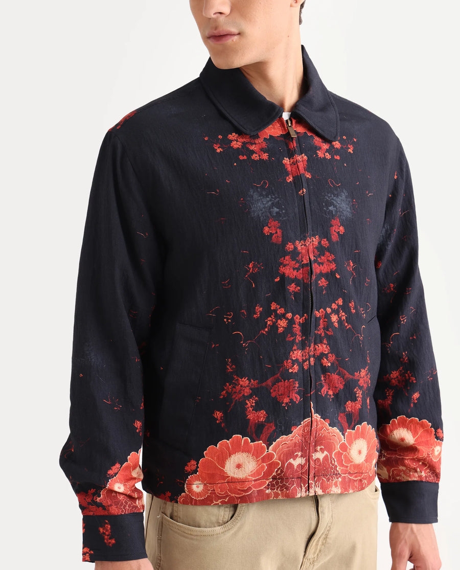 Rare Rabbit Men's Zyra Navy Viscose Blend Fabric Spread Collar Regular Fit Printed Jacket