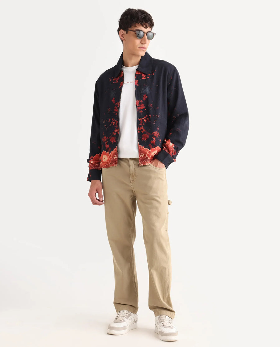 Rare Rabbit Men's Zyra Navy Viscose Blend Fabric Spread Collar Regular Fit Printed Jacket