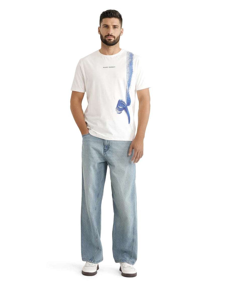Rare Rabbit Men's Zyra Off White Cotton Blend Abstract Print Regular Fit Half Sleeve Crew Neck T-Shirt