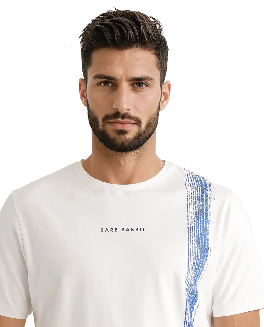 Rare Rabbit Men's Zyra Off White Cotton Blend Abstract Print Regular Fit Half Sleeve Crew Neck T-Shirt