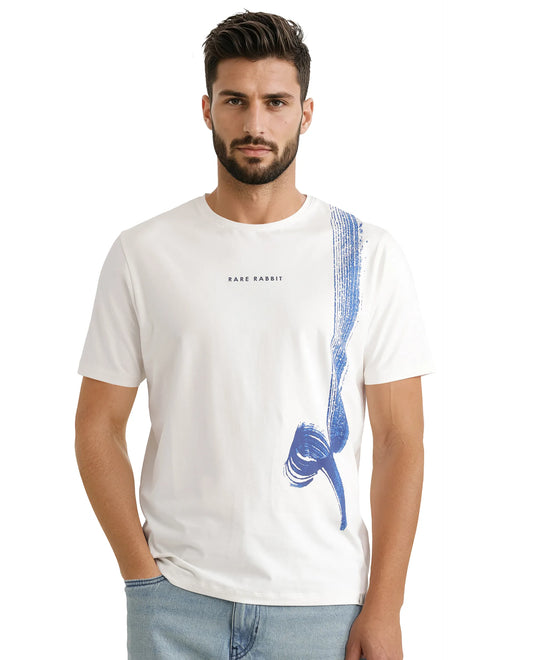 Rare Rabbit Men's Zyra Off White Cotton Blend Abstract Print Regular Fit Half Sleeve Crew Neck T-Shirt