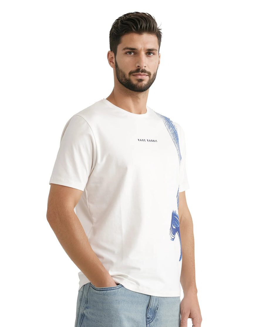 Rare Rabbit Men's Zyra Off White Cotton Blend Abstract Print Regular Fit Half Sleeve Crew Neck T-Shirt