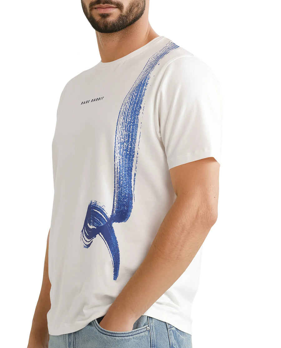 Rare Rabbit Men's Zyra Off White Cotton Blend Abstract Print Regular Fit Half Sleeve Crew Neck T-Shirt