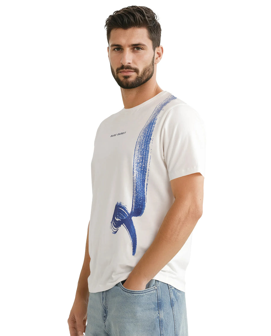 Rare Rabbit Men's Zyra Off White Cotton Blend Abstract Print Regular Fit Half Sleeve Crew Neck T-Shirt