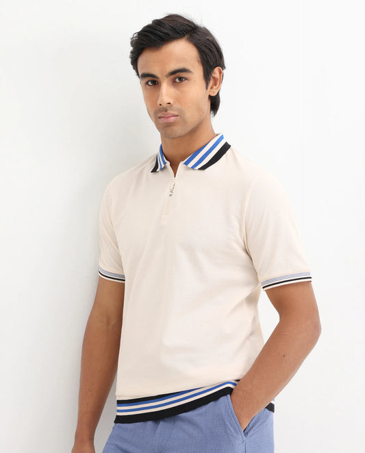 Rare Rabbit Men's Zyte Off White Cotton Plain Regular Fit Half Sleeve Polo
