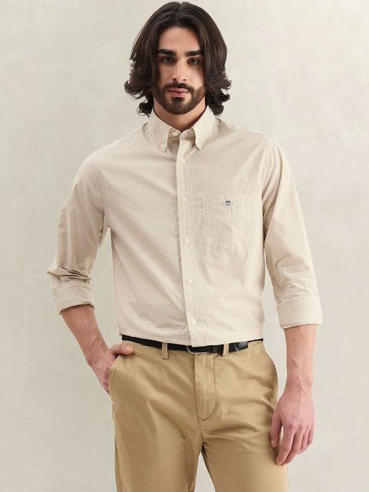 Gant Men Beige Checked Regular Fit Classic Poplin Gingham Shirt