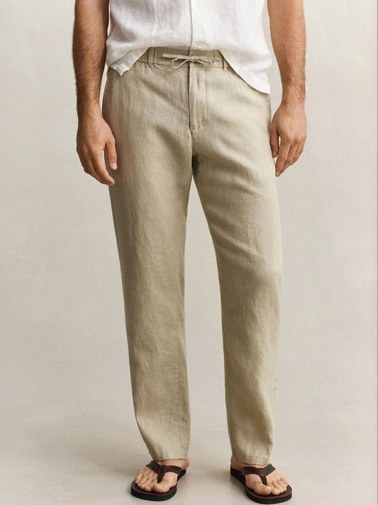 Gant Men Beige Solid Regular Fit Pure Linen Trouser