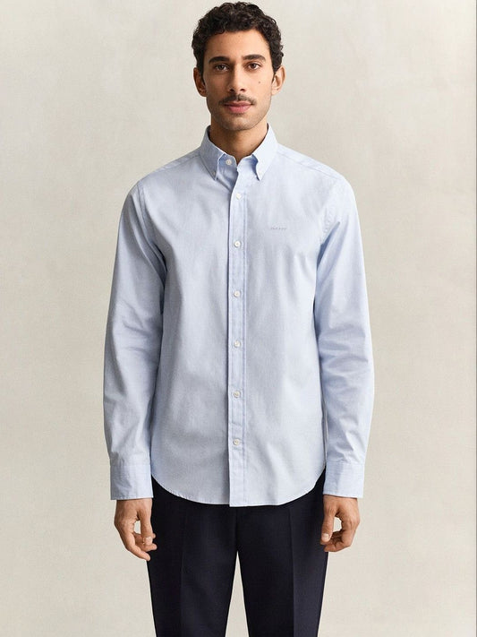 Gant Men Blue Solid Regular Fit Pinpoint Oxford Shirt