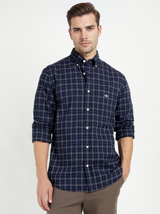 GANT Men Relaxed Fit Checked Button-Down Collar Pure Cotton Poplin Casual Shirt