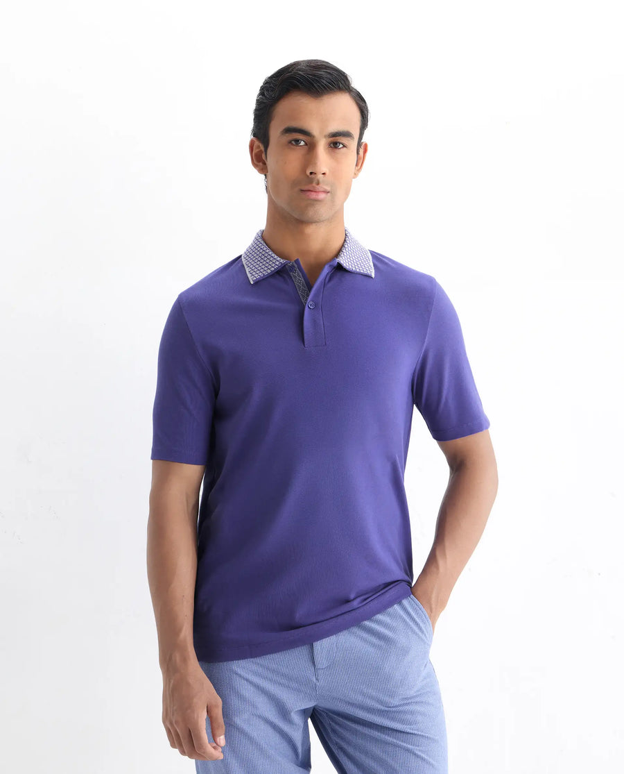 Rare Rabbit Men's Abit Purple Cotton Blend Plain Regular Fit Half Sleeve Polo