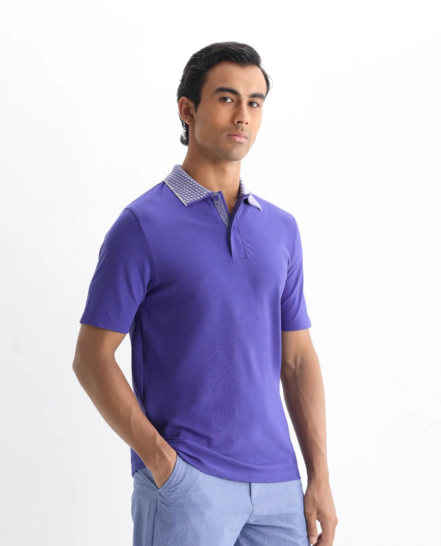 Rare Rabbit Men's Abit Purple Cotton Blend Plain Regular Fit Half Sleeve Polo