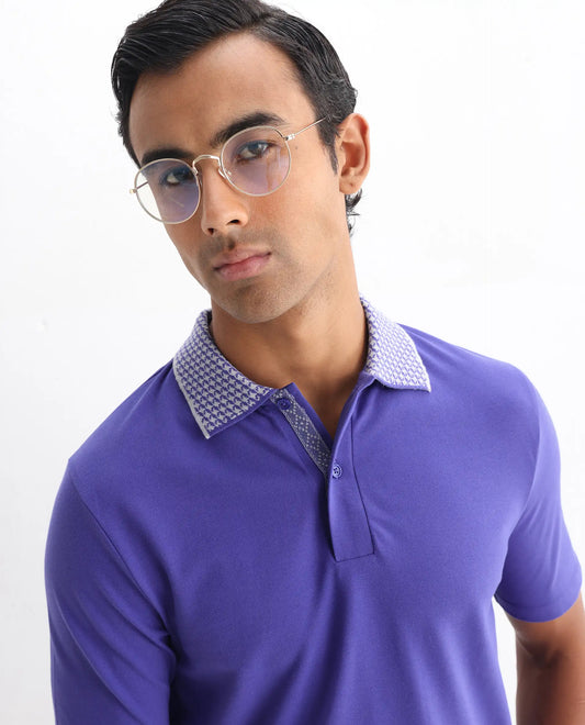 Rare Rabbit Men's Abit Purple Cotton Blend Plain Regular Fit Half Sleeve Polo