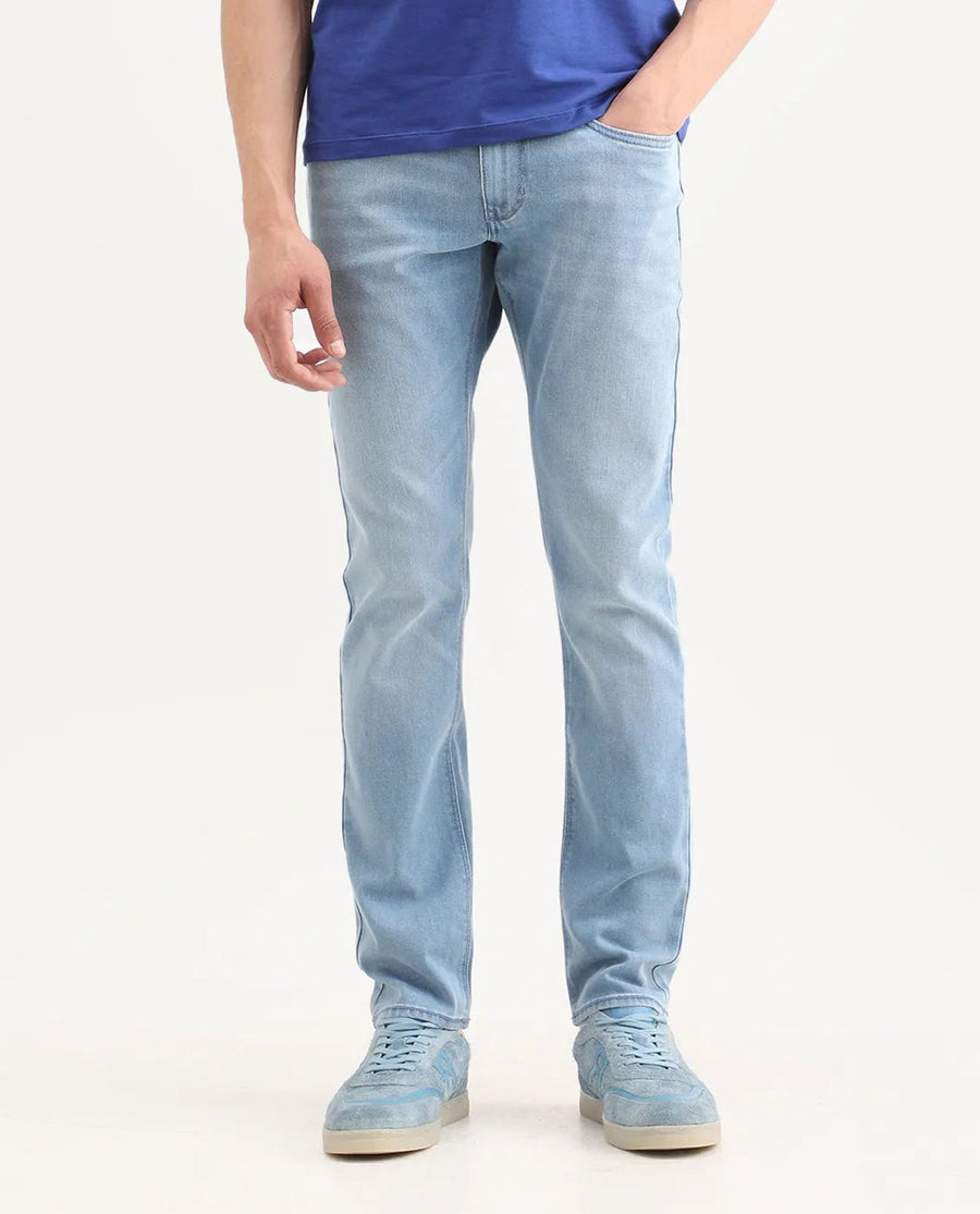 Rare Rabbit Men's Aby Light Blue Cotton Blend Fabric Hawk Slim Fit Plain Jeans