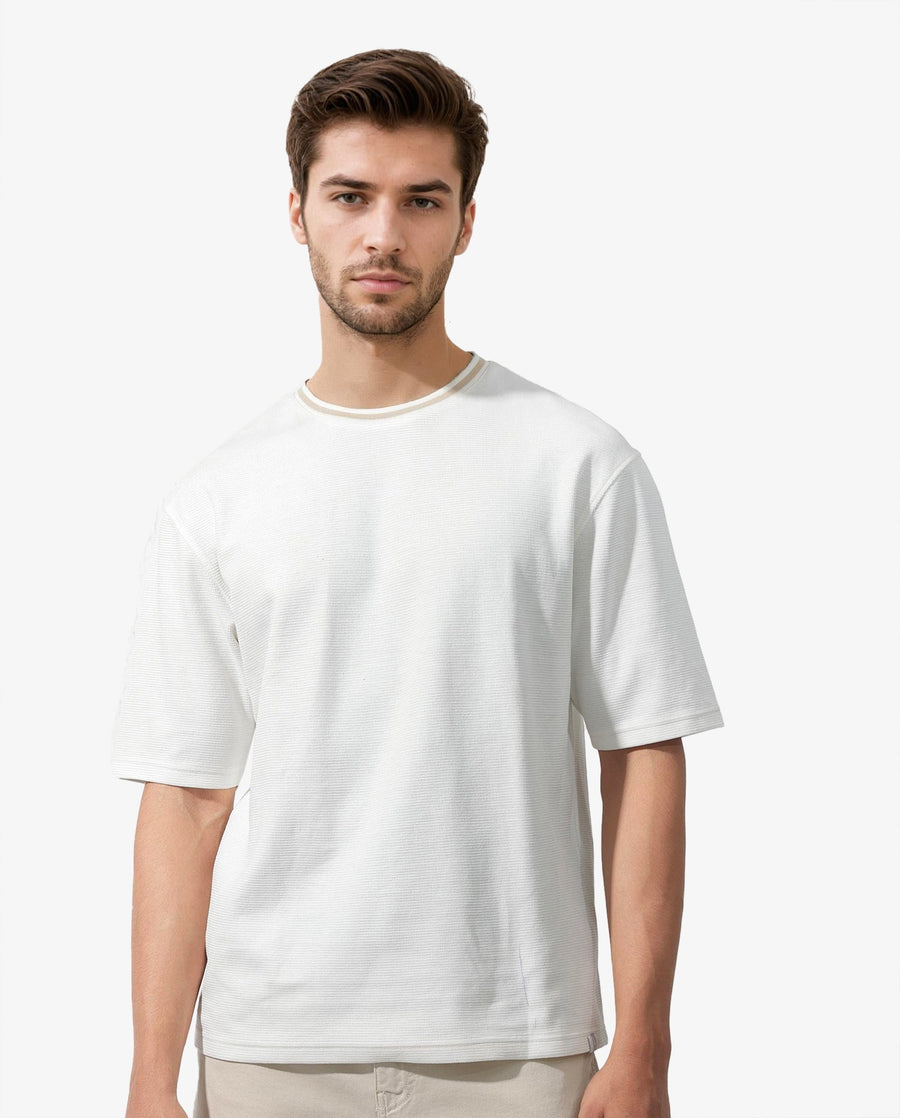 Rare Rabbit Men's Adiso Off White Cotton Blend Plain Oversized Fit Half Sleeve Crew Neck T-Shirt
