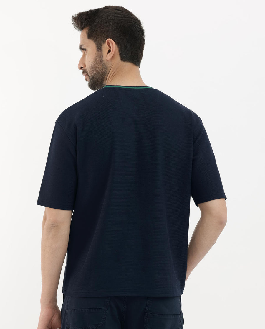 Rare Rabbit Men's Adiso Navy Cotton Blend Plain Oversized Fit Half Sleeve Crew Neck T-Shirt
