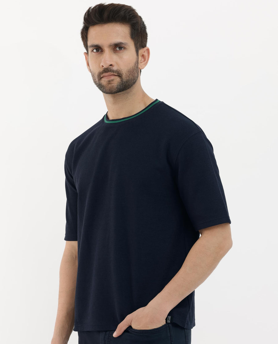 Rare Rabbit Men's Adiso Navy Cotton Blend Plain Oversized Fit Half Sleeve Crew Neck T-Shirt