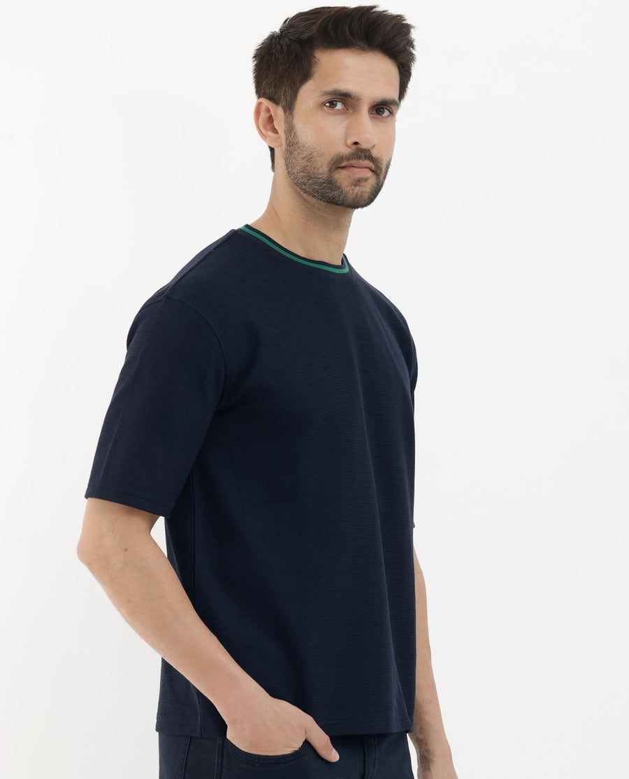Rare Rabbit Men's Adiso Navy Cotton Blend Plain Oversized Fit Half Sleeve Crew Neck T-Shirt