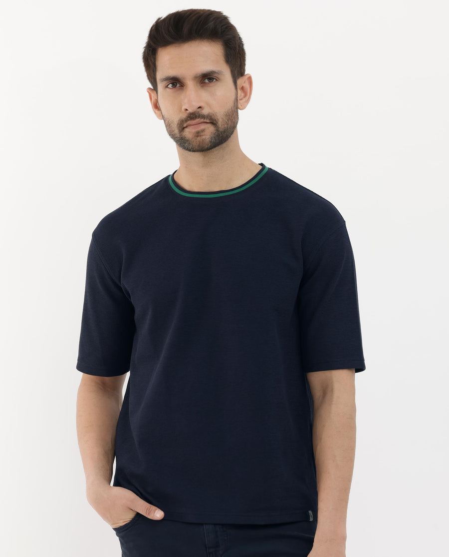 Rare Rabbit Men's Adiso Navy Cotton Blend Plain Oversized Fit Half Sleeve Crew Neck T-Shirt