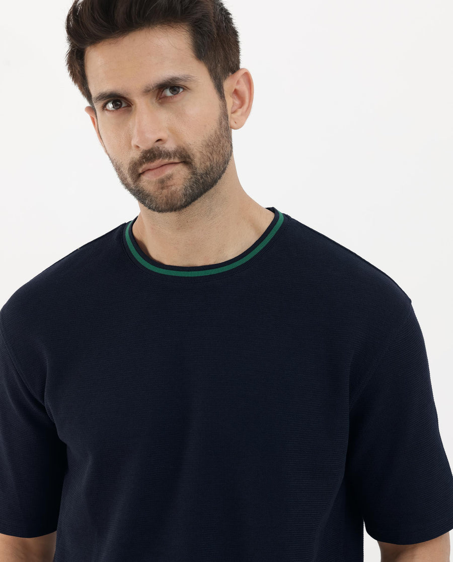 Rare Rabbit Men's Adiso Navy Cotton Blend Plain Oversized Fit Half Sleeve Crew Neck T-Shirt