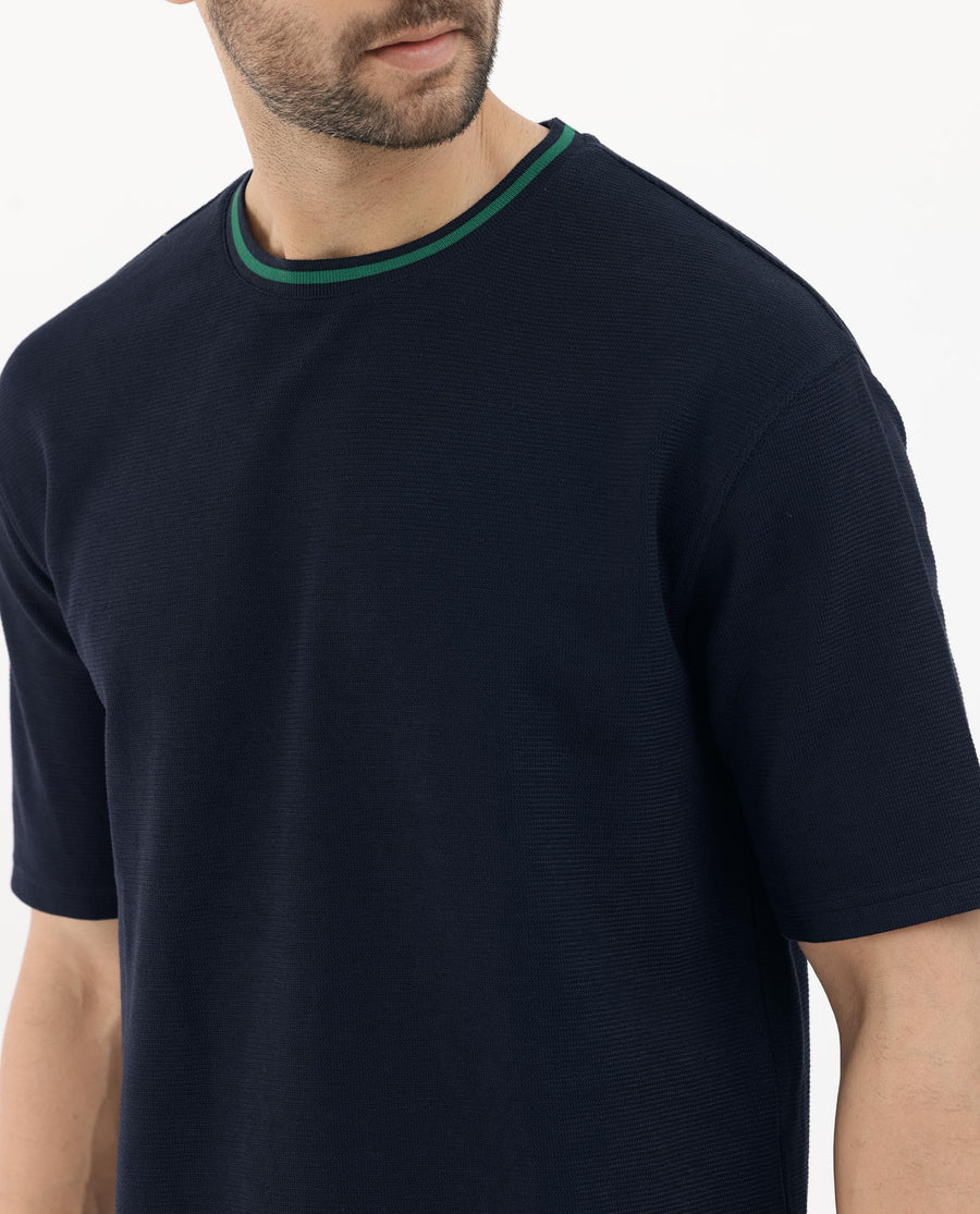 Rare Rabbit Men's Adiso Navy Cotton Blend Plain Oversized Fit Half Sleeve Crew Neck T-Shirt