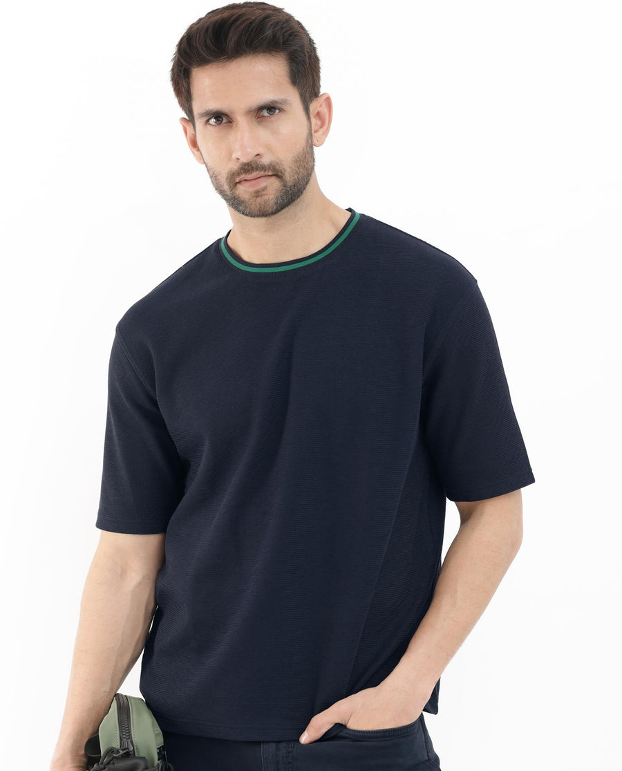 Rare Rabbit Men's Adiso Navy Cotton Blend Plain Oversized Fit Half Sleeve Crew Neck T-Shirt