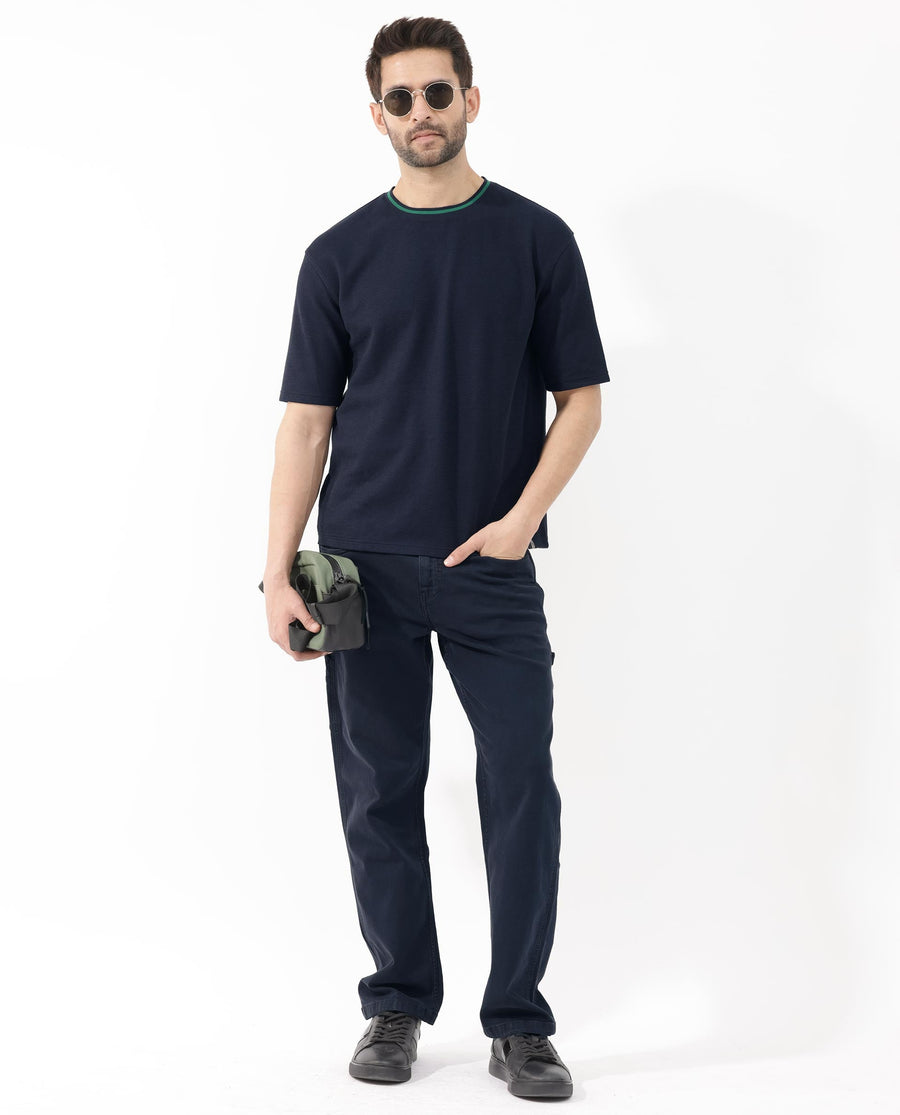 Rare Rabbit Men's Adiso Navy Cotton Blend Plain Oversized Fit Half Sleeve Crew Neck T-Shirt