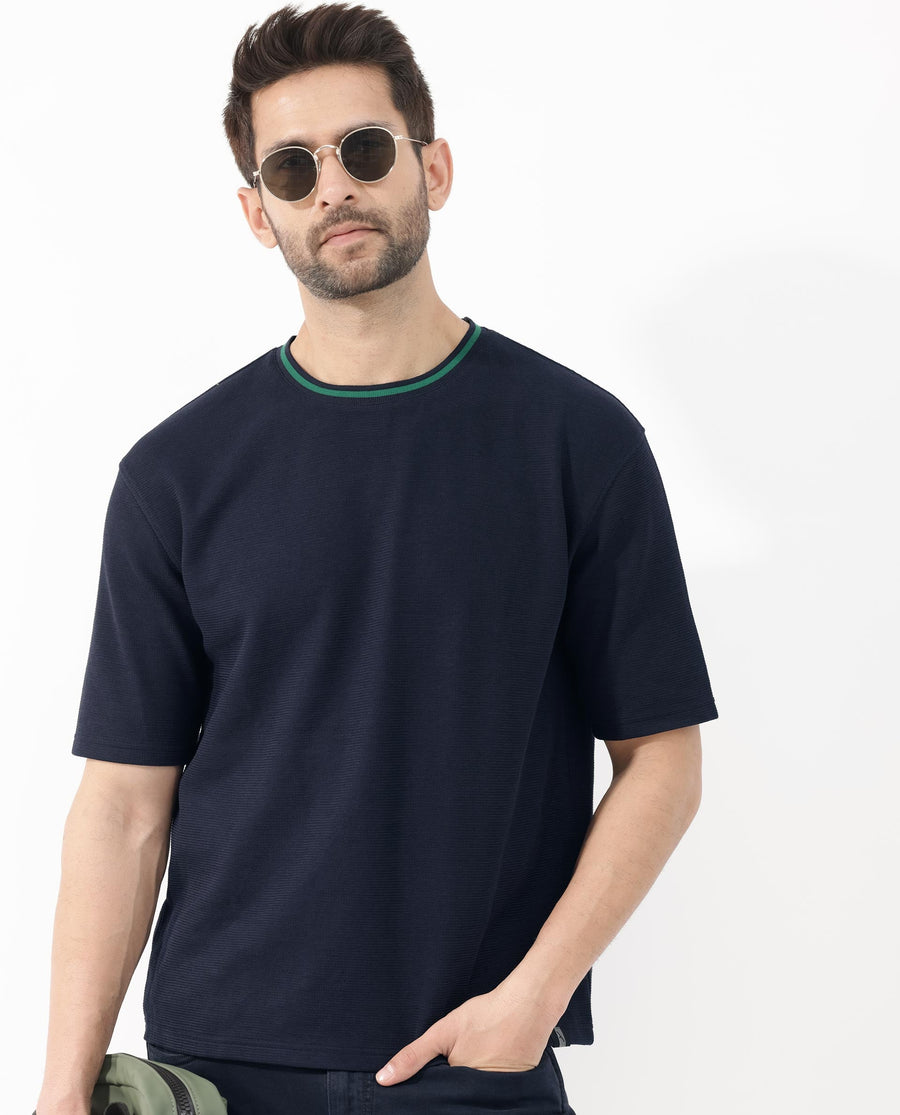 Rare Rabbit Men's Adiso Navy Cotton Blend Plain Oversized Fit Half Sleeve Crew Neck T-Shirt