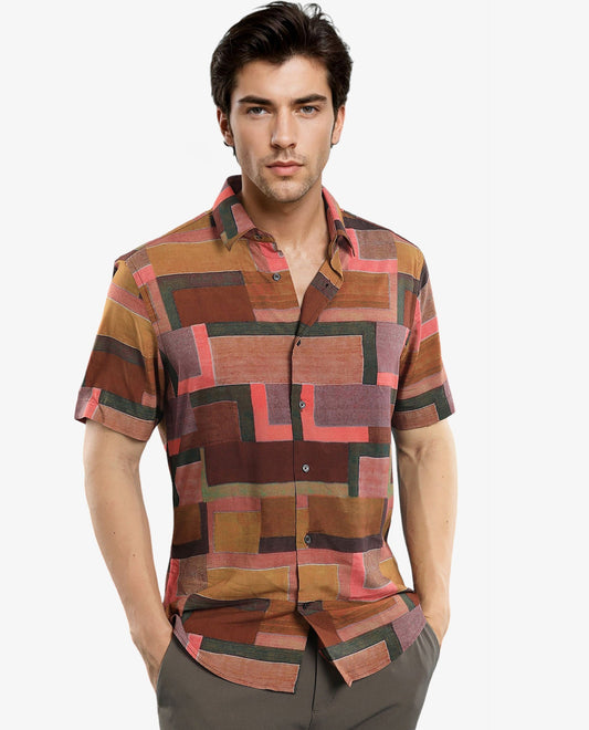 Rare Rabbit Men's Aether Mustard Viscose Abstract Print Regular Fit Half Sleeve Collared Shirt