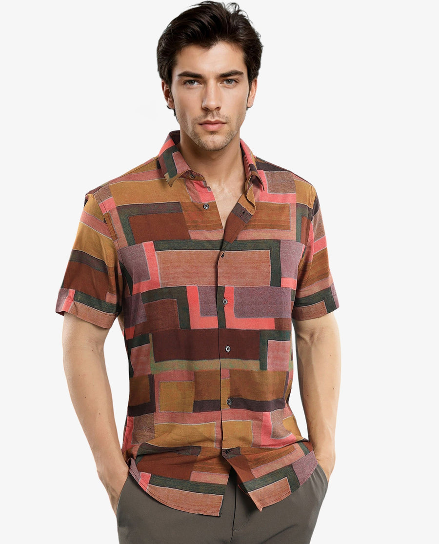 Rare Rabbit Men's Aether Mustard Viscose Abstract Print Regular Fit Half Sleeve Collared Shirt