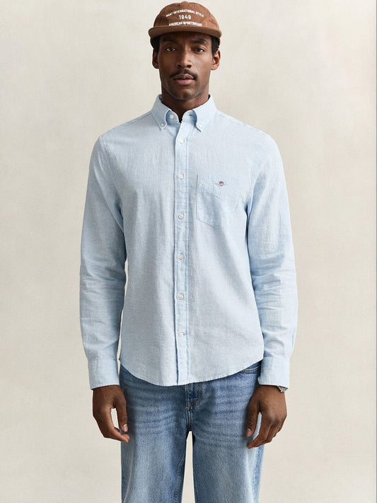 Gant Men Blue Solid Regular Fit Cotton Linen Shirt
