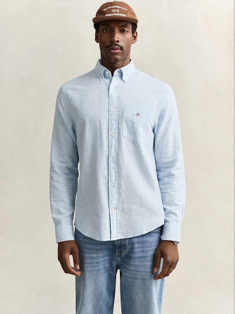 Gant Men Blue Solid Regular Fit Cotton Linen Shirt