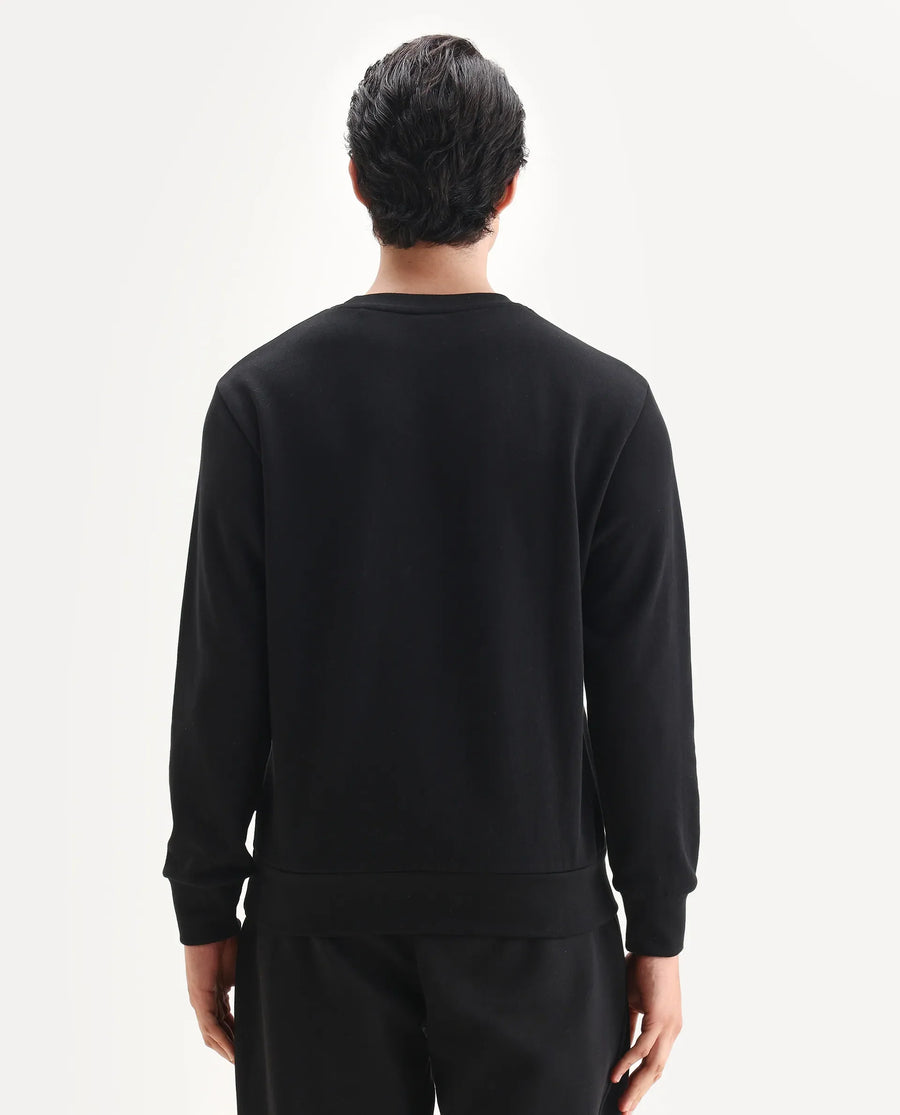 Rare Rabbit Men's Agon Black Rayon Blend Fabric Full Sleeves Crew Neck Badge Print Sweatshirt