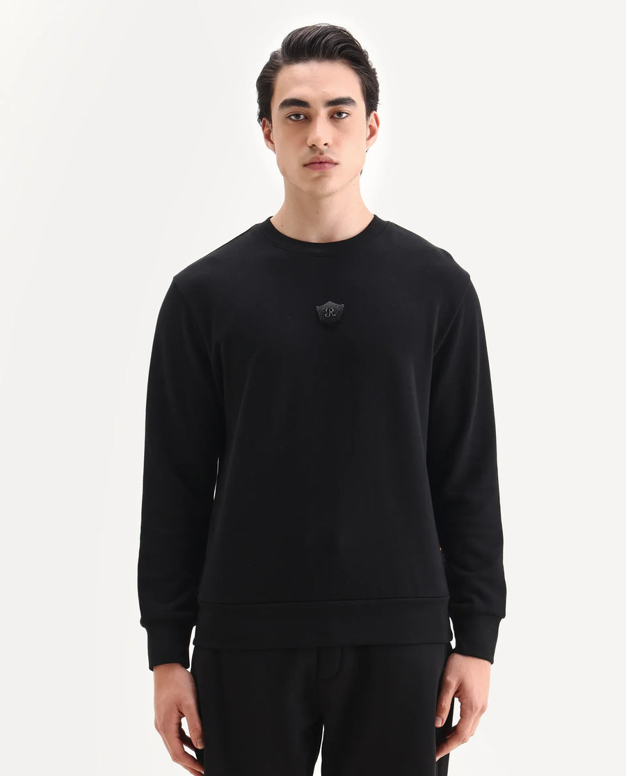 Rare Rabbit Men's Agon Black Rayon Blend Fabric Full Sleeves Crew Neck Badge Print Sweatshirt