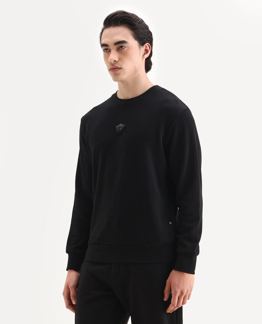 Rare Rabbit Men's Agon Black Rayon Blend Fabric Full Sleeves Crew Neck Badge Print Sweatshirt