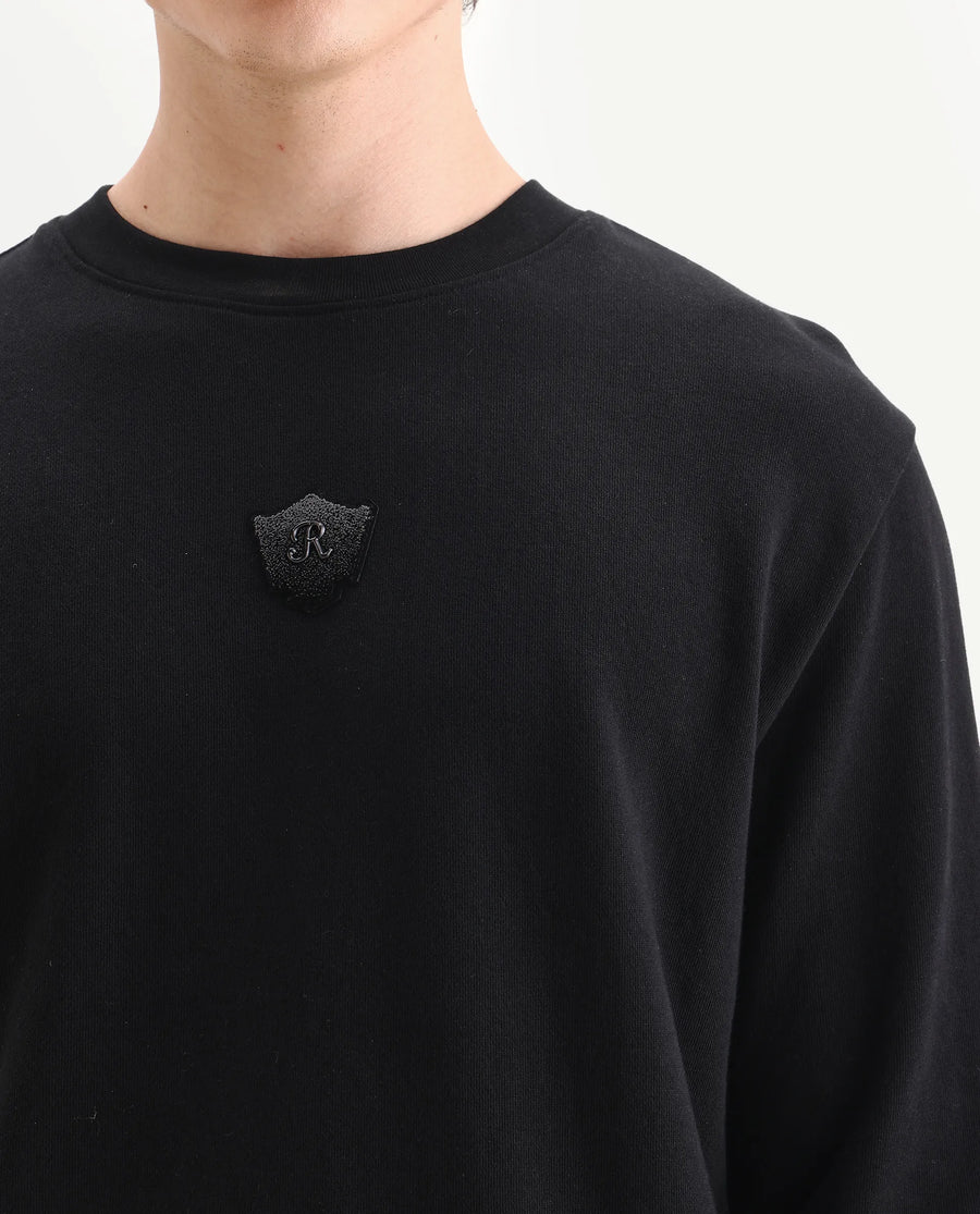 Rare Rabbit Men's Agon Black Rayon Blend Fabric Full Sleeves Crew Neck Badge Print Sweatshirt