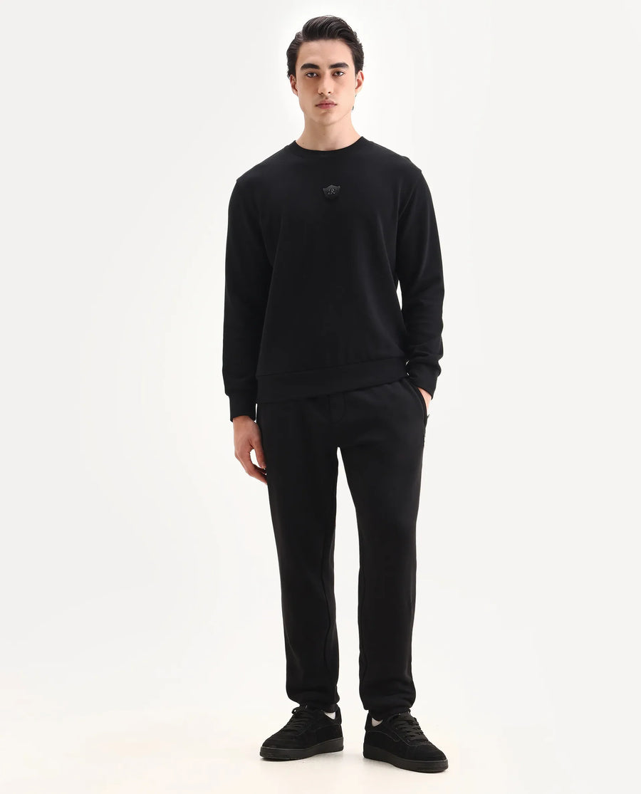 Rare Rabbit Men's Agon Black Rayon Blend Fabric Full Sleeves Crew Neck Badge Print Sweatshirt
